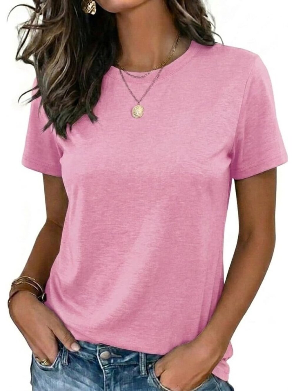 Women's Pink Short Sleeve Crew neck Casual Basic Imported Tee Shirts